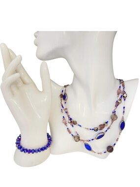 Blue Multi-Strand Beaded Necklace & Bracelet Crystal Jewelry arrangement Set
